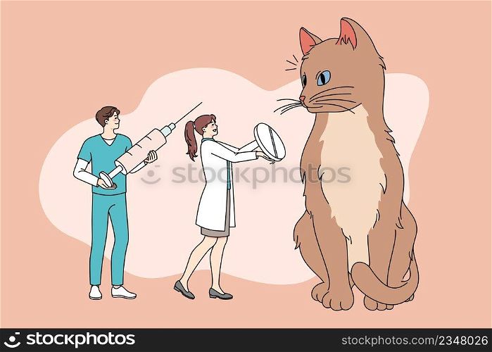 Tiny doctors people treat cure huge cat give medication and pill. Small veterinarians help unhealthy domestic animal with medicines. Pet healthcare and vet help. Vector illustration. . Tiny doctors cure cat giving medications