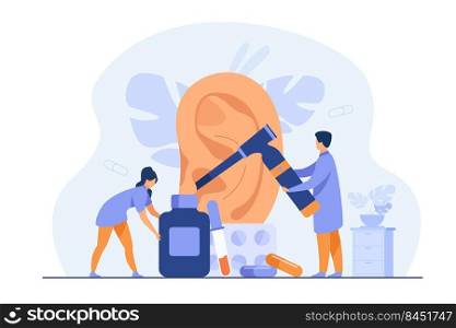 Tiny doctors treating or examining patients ear, using otology tool, carrying bottles and blisters with pills. Vector illustration for otolaryngology, health care, hearing loss concept