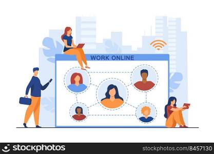 Tiny employees working online. Communication, internet, freedom flat vector illustration. Freelance and network concept for banner, website design or landing web page