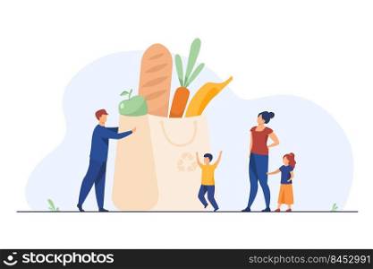Tiny family at grocery bag with healthy food. Parents, kids, fresh vegetables flat vector illustration. Healthy nutrition, healthcare, lifestyle concept for banner, website design or landing web page
