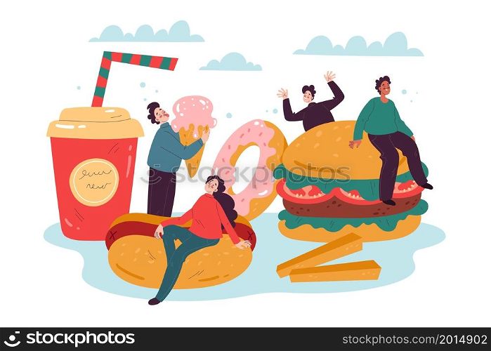 Tiny fast food fans. Little funny characters with big burger, hot dog, french fries and drink, happy people, junk unhealthy products, sweet donut and ice-cream, vector cartoon flat isolated concept. Tiny fast food fans. Little funny characters with big burger, hot dog, french fries and drink, happy people, junk unhealthy products, donut and ice-cream, vector cartoon isolated concept