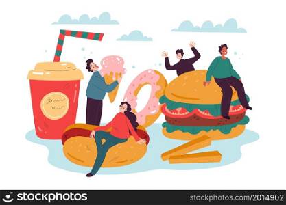 Tiny fast food fans. Little funny characters with big burger, hot dog, french fries and drink, happy people, junk unhealthy products, sweet donut and ice-cream, vector cartoon flat isolated concept. Tiny fast food fans. Little funny characters with big burger, hot dog, french fries and drink, happy people, junk unhealthy products, donut and ice-cream, vector cartoon isolated concept