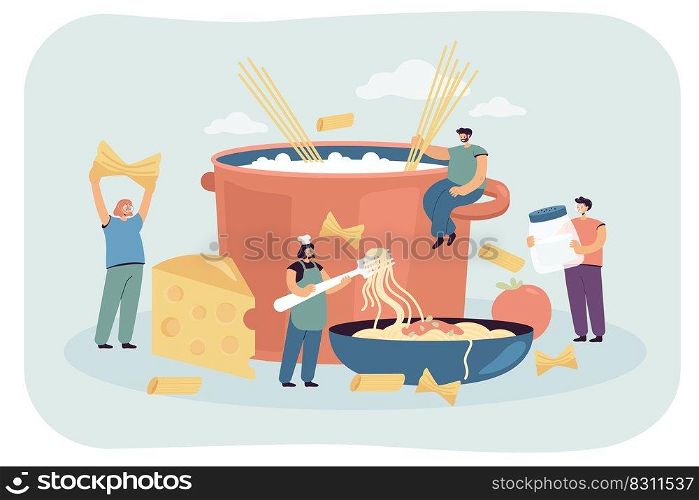 Tiny female cook with spaghetti in huge plate. Male character cooking pasta in hot water, process of making dinner in restaurant flat vector illustration. Food, traditional Italian cuisine concept