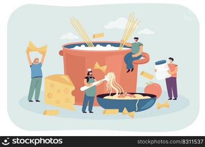 Tiny female cook with spaghetti in huge plate. Male character cooking pasta in hot water, process of making dinner in restaurant flat vector illustration. Food, traditional Italian cuisine concept