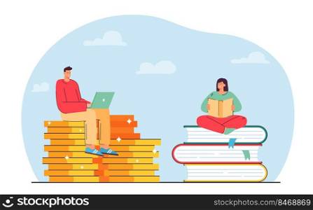 Tiny girl sitting on books and reading while boy using laptop. Ebook and paper book comparison flat vector illustration. Knowledge and education concept for banner, website design, landing web page