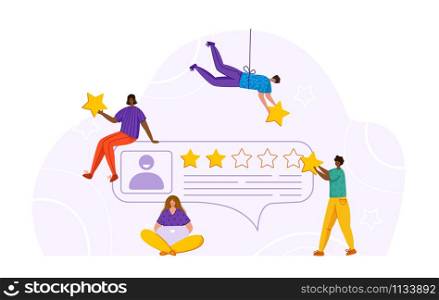 Tiny girs, men and clients profile - feedback or review concept and online service evaluation, happy customers with huge stars, flat people or characters and giant rating stars, Vector banner. customer feedback concept - vector