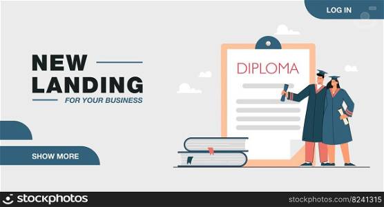 Tiny graduates standing next to clipboard with diploma. Happy couple in academic dresses and graduation cap flat vector illustration. Education concept for banner, website design or landing web page