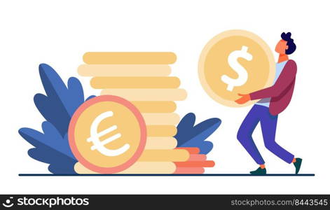 Tiny guy carrying huge gold coin. Dollar, cash, money flat vector illustration. Finance and banking concept for banner, website design or landing web page