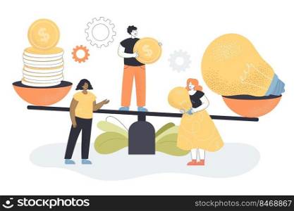 Tiny investor doing research in innovation worth, target price, financial profit standing on scales. Money and idea exchange flat vector illustration. Economy, finance, assessment, comparison concept