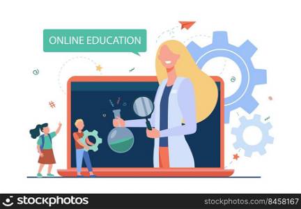Tiny kids listening lesson via laptop. Elementary, e-learning, teacher flat vector illustration. Online education and study concept for banner, website design or landing web page