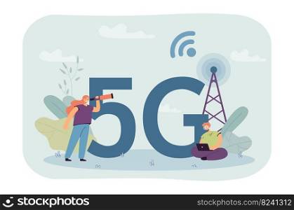 Tiny male and female characters with huge 5G symbol. Woman with spyglass and man with laptop, radio tower flat vector illustration. Internet, technology, connection concept for banner, website design