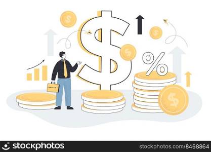 Tiny male character on dollar coins, arrows and percentage background. Money value level recession and price increase process flat vector illustration. Economy, general inflation, market risk concept