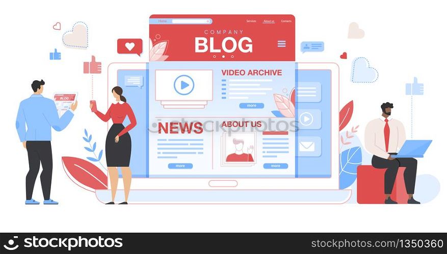 Tiny Man and Woman Business People Characters around Huge Tablet with Company Blog Page Reading Information and News, Watching Video Content. Social Media Networking, Cartoon Flat Vector Illustration. Business People around Huge Tablet with Blog Page