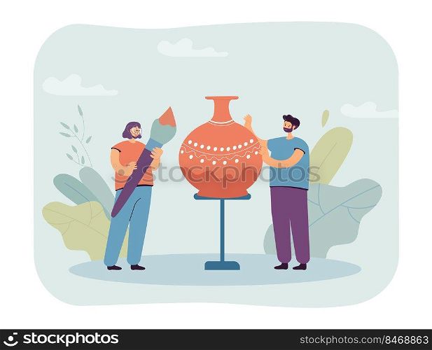 Tiny man and woman holding paintbrush decorating handmade vase. Couple visiting pottery workshop flat vector illustration. Hobby, leisure time concept for banner, website design or landing web page