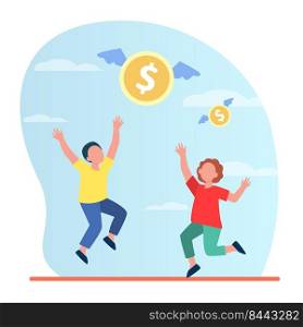 Tiny man and woman trying to catch flying money illustration. Dollar, profit, investment. Finance concept can be used for presentations, banner, website design, landing web page