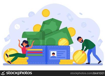 Tiny man and woman with big open wallet flat vector illustration. Happy isolated cartoon characters getting salary and stack of coins. Budget and credit concept