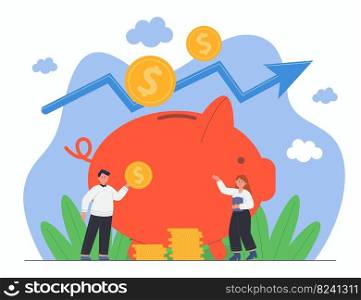 Tiny man and woman with piggy bank flat vector illustration. People holding gold coins, planning budget, saving money, achieving financial goals, opening bank deposit. Income, investment concept