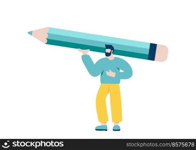 Tiny man holding big turquoise pencil over his head. Concept of search information, solution, analyze, write, journalist, blogger. Vector illustration in flat style, character design.. Tiny man holding big turquoise pencil over his head. Concept of search information, solution, analyze, write, journalist, blogger. Vector illustration in flat style, character design