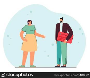 Tiny man holding credit card in hand, standing with woman. Persons using electronic money flat vector illustration. Payment, money transaction concept for banner, website design or landing web page. Tiny man holding credit card in hand, standing with woman