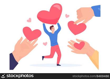 Tiny man holding heart flat vector illustration. Huge hands holding hearts as symbol of charity, sharing love, greeting or solidarity. Assistance, help, support, community concept
