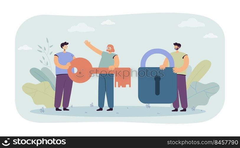 Tiny man holding lock and women with key in hands. People protecting personal data information flat vector illustration. Safety concept for banner, website design or landing web page