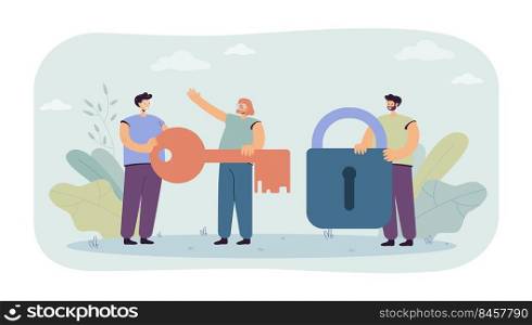 Tiny man holding lock and women with key in hands. People protecting personal data information flat vector illustration. Safety concept for banner, website design or landing web page