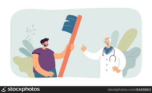 Tiny man holding toothbrush and doctor pointing at it. Dentist giving consultation to patient flat vector illustration. Stomatology, healthcare concept for banner, website design or landing web page