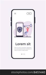 Tiny man unlocking mobile phone with golden key. Padlock, smartphone, lock flat vector illustration. Security and protection concept for banner, website design or landing web page