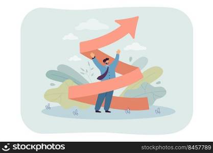 Tiny man with arrow twisted upward. Career increase, inspired business worker flat vector illustration. Education, knowledge, development concept for banner, website design or landing web page