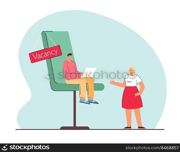 Tiny manager sitting on chair with vacancy sign and hiring woman. Female employee at job interview flat vector illustration. Recruitment, employment, job interview concept for banner or landing page