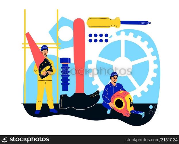 Tiny mechanics. Workers in uniform, breakage elimination process, abstract construction object, repairman with big tools, workman with saw and tape measure, abstract vector cartoon isolated concept. Tiny mechanics. Workers in uniform, breakage elimination process, abstract construction object, repairman with big tools, workman with saw and tape measure, vector isolated concept