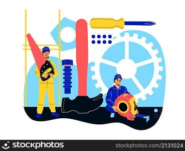 Tiny mechanics. Workers in uniform, breakage elimination process, abstract construction object, repairman with big tools, workman with saw and tape measure, abstract vector cartoon isolated concept. Tiny mechanics. Workers in uniform, breakage elimination process, abstract construction object, repairman with big tools, workman with saw and tape measure, vector isolated concept