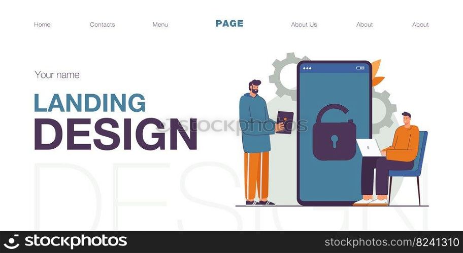 Tiny men using modern devices. Two male characters with laptop and tablet. Sitting, talking, unlocking smartphone. Modern technologies concept for banner, website design or landing web page