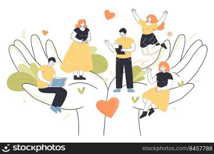Tiny office employees working in abstract caring hands. Flat vector illustration. Wellbeing, help, social support and protection of business team. Trade union, workplace, community, management concept