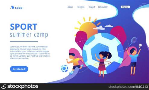 Tiny people, active kids in camp playing sports outside and big football. Sport summer camp, multi sports camp, active summer time concept. Website vibrant violet landing web page template.. Sport summer camp concept landing page.