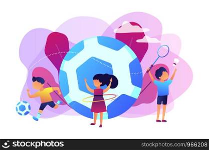Tiny people, active kids in camp playing sports outside and big football. Sport summer camp, multi sports camp, active summer time concept. Bright vibrant violet vector isolated illustration. Sport summer camp concept vector illustration.