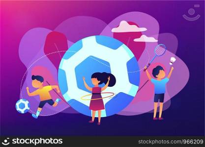 Tiny people, active kids in camp playing sports outside and big football. Sport summer camp, multi sports camp, active summer time concept. Bright vibrant violet vector isolated illustration. Sport summer camp concept vector illustration.