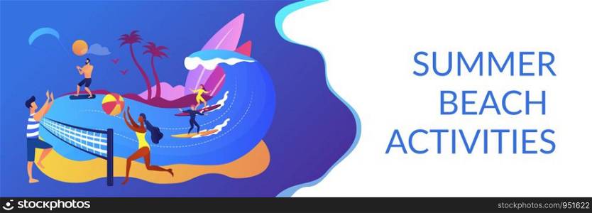 Tiny people adults playing volleyball, surfing and kitesurfing. Summer beach activities, seacoast entertainment, sea animation services concept. Header or footer banner template with copy space.. Summer beach activities concept banner header.