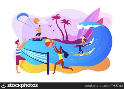Tiny people adults playing volleyball, surfing and kitesurfing. Summer beach activities, seacoast entertainment, sea animation services concept. Bright vibrant violet vector isolated illustration. Summer beach activities concept vector illustration.