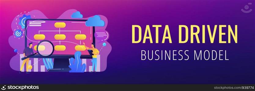 Tiny people analyst and data scientist working with data. Data driven business model, comprehensive data strategies, new economic model concept. Header or footer banner template with copy space.. Data driven business model concept banner header.