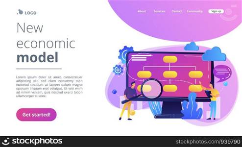 Tiny people analyst and data scientist working with data. Data driven business model, comprehensive data strategies, new economic model concept. Website vibrant violet landing web page template.. Data driven business model concept landing page.