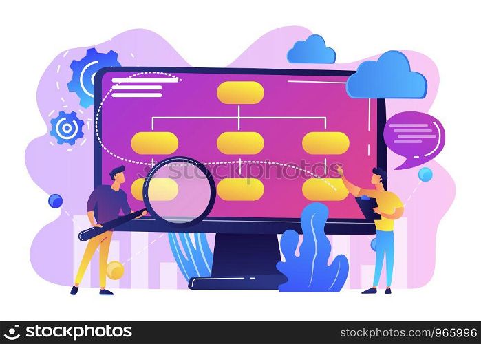 Tiny people analyst and data scientist working with data. Data driven business model, comprehensive data strategies, new economic model concept. Bright vibrant violet vector isolated illustration. Data driven business model concept vector illustration.