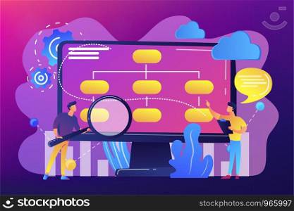 Tiny people analyst and data scientist working with data. Data driven business model, comprehensive data strategies, new economic model concept. Bright vibrant violet vector isolated illustration. Data driven business model concept vector illustration.