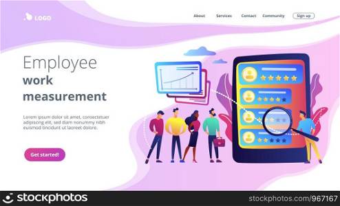Tiny people analyst observing the workers performance on tablet. Performance rating, employee work measurement, work efficiency feedback concept. Website vibrant violet landing web page template.. Performance rating concept landing page.