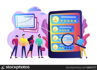 Tiny people analyst observing the workers performance on tablet. Performance rating, employee work measurement, work efficiency feedback concept. Bright vibrant violet vector isolated illustration. Performance rating concept vector illustration.