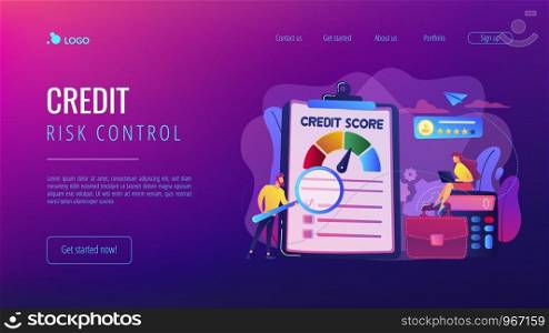 Tiny people analysts evaluating ability of prospective debtor to pay the debt. Credit rating, credit risk control, credit rating agency concept. Website vibrant violet landing web page template.. Credit rating concept landing page.