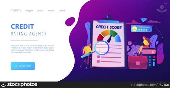 Tiny people analysts evaluating ability of prospective debtor to pay the debt. Credit rating, credit risk control, credit rating agency concept. Website vibrant violet landing web page template.. Credit rating concept landing page.