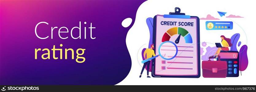 Tiny people analysts evaluating ability of prospective debtor to pay the debt. Credit rating, credit risk control, credit rating agency concept. Header or footer banner template with copy space.. Credit rating concept banner header.