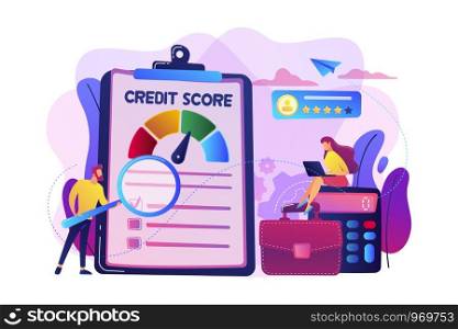 Tiny people analysts evaluating ability of prospective debtor to pay the debt. Credit rating, credit risk control, credit rating agency concept. Bright vibrant violet vector isolated illustration. Credit rating concept vector illustration.