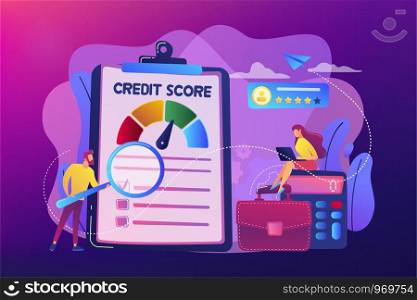 Tiny people analysts evaluating ability of prospective debtor to pay the debt. Credit rating, credit risk control, credit rating agency concept. Bright vibrant violet vector isolated illustration. Credit rating concept vector illustration.